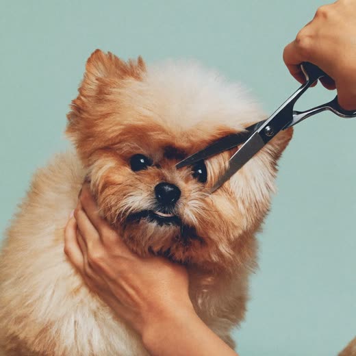 A dog's coat being trimmed with grooming scissors